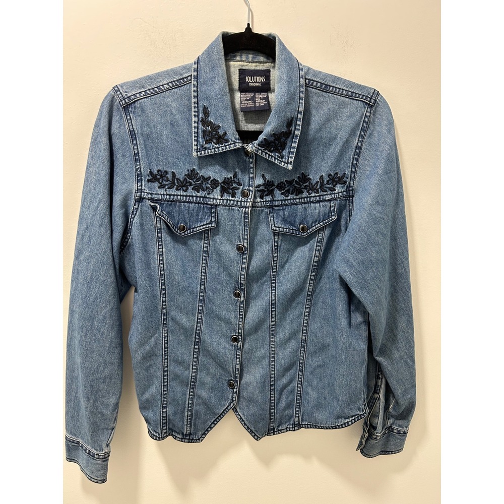 Solutions Original Women Medium Blue Denim Jacket Floral Embroidered Vest Hem